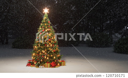Decorated Christmas tree with gifts under it, outdoors in the evening under the snow. 3d render Decorated Christmas tree with gifts under it, outdoors in the evening under the snow. 3d render 120710171