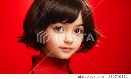 Portrait of smiling asian girl child with short hair creamy red background. 120710181