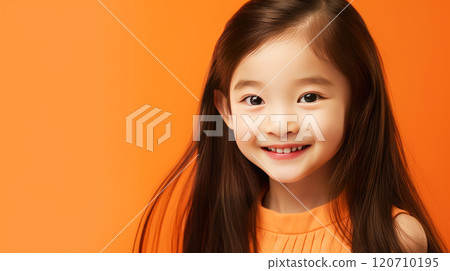 Portrait of smiling asian girl child with long white hair orange background. 120710195