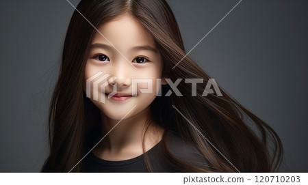 Portrait of smiling asian girl child with long white hair creamy gray background. 120710203