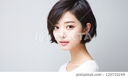 Portrait of smiling asian teenager girl with short hair white background. 120710249