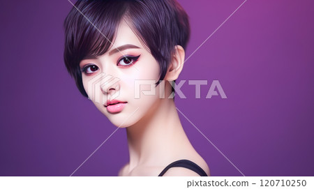 Portrait of smiling asian teenager girl with short hair purple background. 120710250