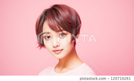 Portrait of smiling asian teenager girl with short hair pink background. 120710261