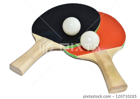 Two table tennis rackets with a ball. 120710285