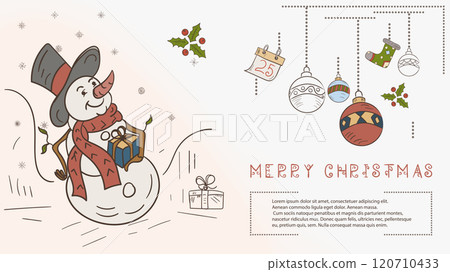 Christmas colored contour illustration in the style of childrens doodles with the text Lorem Ipsum A snowman in a top hat 120710433