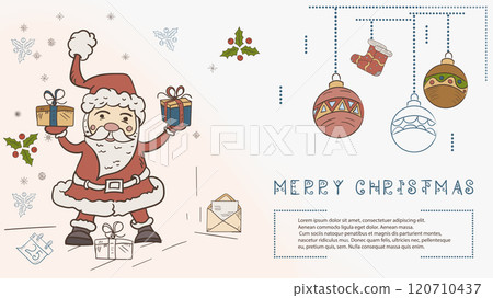 Christmas colored contour illustration in the style of childrens doodles with the text Lorem Ipsum Santa Claus Holding boxes with gifts Christmas colored contour illustration in the style of childrens doodles with the text Lorem Ipsum Santa Claus Holding boxes with gifts 120710437