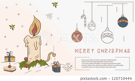 Christmas colored contour illustration in the style of childrens doodles with the text of Lorem Ipsum a Christmas candle and a number of gifts 120710444