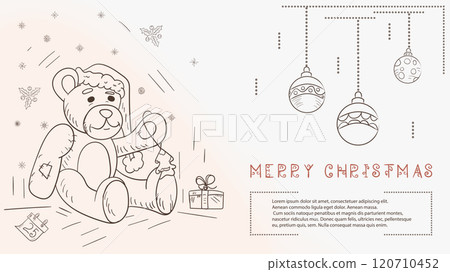 Christmas contour illustration in the style of childrens doodles with the text of Lorem Ipsum a bear toy in a Santa hat 120710452