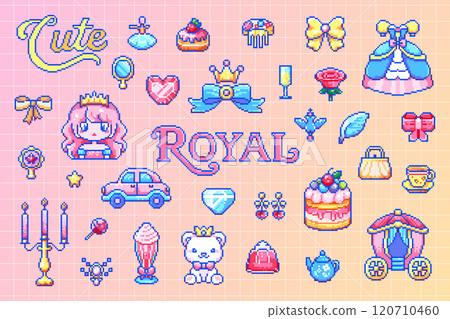Pixel Art Royal Princess Sticker Set. 8-bit Cute Elements Pack with Princess, Queen Crown, Carriage, Dress, Cake, Diamond, Bow, Tea Set, Accessories, Retro Style Game Elements and Stickers. Pixel Art Royal Princess Sticker Set. 8-bit Cute Elements Pack with Princess, Queen Crown, Carriage, Dress, Cake, Diamond, Bow, Tea Set, Accessories, Retro Style Game Elements and Stickers. 120710460