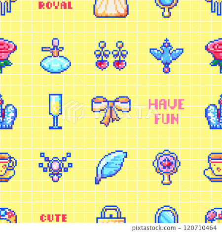 Pixel art seamless pattern with girlish royal elements. Vector background featuring bow, rose, earrings, perfume, teacup, feather, champagne, and yellow grid texture Pixel art seamless pattern with girlish royal elements. Vector background featuring bow, rose, earrings, perfume, teacup, feather, champagne, and yellow grid texture 120710464