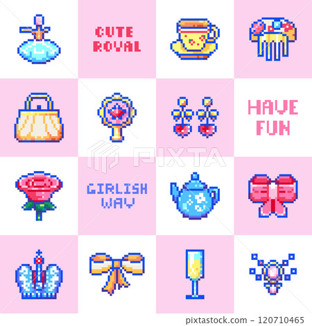 Pixel art seamless princess pattern. Vector background with cute royal elements: bow, crown, rose, teacup, earrings, comb, perfume, handbag, champagne, and pink squares Pixel art seamless princess pattern. Vector background with cute royal elements: bow, crown, rose, teacup, earrings, comb, perfume, handbag, champagne, and pink squares 120710465