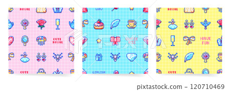 Seamless Pixel Art Patterns: Princess, Cute Royal Elements, and Accessories Seamless Pixel Art Patterns: Princess, Cute Royal Elements, and Accessories 120710469