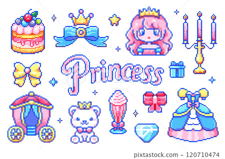 Pixel Art Princess Royal Stickers. 8 bit Cute 90s Gaming Style Pack with Princess, Crown, Carriage, Cake, Bow, Bear, Diamond, Dress, Retro Geek Pixel Art Elements 120710474