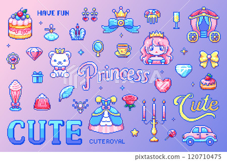 Pixel Art Cute Princess Royal Pack. 8-bit Stickers with Princess, Crown, Carriage, Dress, Cake, Diamond, Tea Set, Rose, Accessories, Retro Gaming Style 120710475