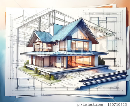房屋藍圖上出現的已完成模型的圖像材料 120710523