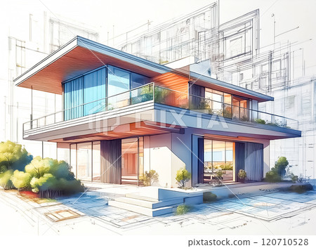 Image of a completed model emerging from a house blueprint Image of a completed model emerging from a house blueprint 120710528