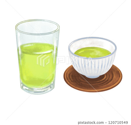 Illustration of green tea in a glass and teacup Illustration of green tea in a glass and teacup 120710549