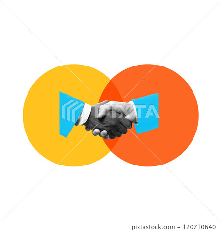 Two hands shaking within overlapping circles, signifying trust, partnership, and successful business agreements. Conceptual design. Two hands shaking within overlapping circles, signifying trust, partnership, and successful business agreements. Conceptual design. 120710640