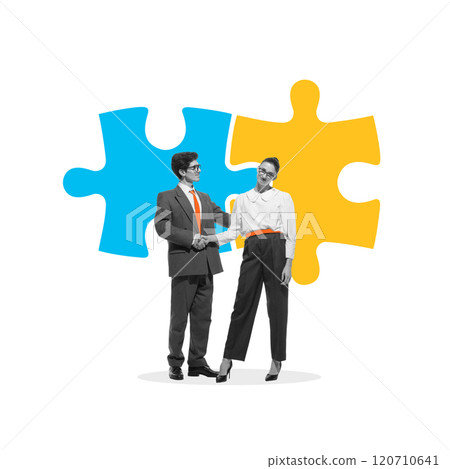 Two business professionals shaking hands with puzzle pieces in background, representing partnership and collaborative problem-solving. Conceptual design. 120710641