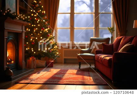 Cozy living room with fireplace, Christmas tree and soft furnishings in anticipation of Christmas. Outside window is sunny winter day 120710648