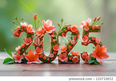 Numbers 2025 decorated with delicate red flowers on green background. Blooming New Year 120710652