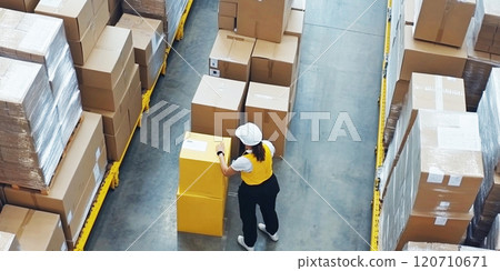 Warehouse worker working checking package products in warehouse, logistic. While staff used laser barcode scanner on cardboard box, distribution center, placement in storage for shipping. Warehouse worker working checking package products in warehouse, logistic. While staff used laser barcode scanner on cardboard box, distribution center, placement in storage for shipping. 120710671