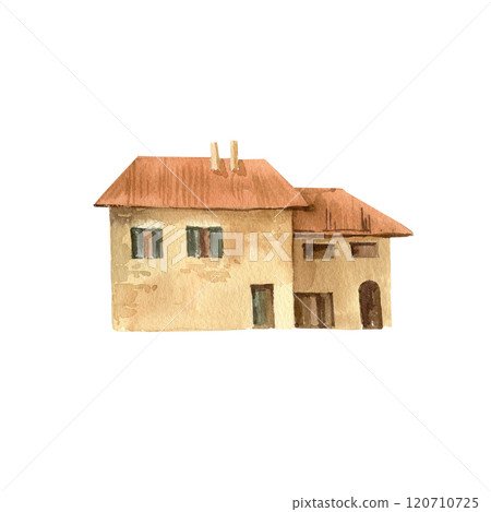 watercolor set of different old cozy Mediterranean farm houses with red tiled roof, hand drawn illustration of European rustic cottages with terracotta roof tiles, part of rural scene watercolor set of different old cozy Mediterranean farm houses with red tiled roof, hand drawn illustration of European rustic cottages with terracotta roof tiles, part of rural scene 120710725