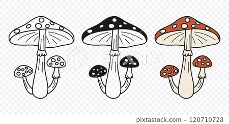 Flat Vector Hand Drawn Cartoon Fly Agaric Mushrooms Outline Illustration. Amanita Muscaria, Fly Agaric Illustration, Mushrooms. Magic Mushroom Icons, Design Template 120710728