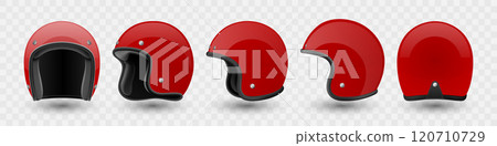 Vector 3d Realistic Blank Red Glossy Classic Vintage Open-Face Motorbike Helmet Design Template for Mockup. Front, Side and Back View. Motorcycle Helmet Icon, Closeup, Isolated 120710729