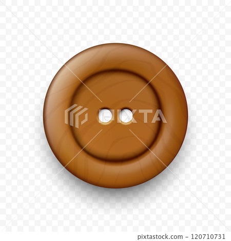 Vector Brown Color Wooden Two Holes Clothes Button Closeup, Isolated on White Background with Reflection. Round Button, Front View Vector Brown Color Wooden Two Holes Clothes Button Closeup, Isolated on White Background with Reflection. Round Button, Front View 120710731