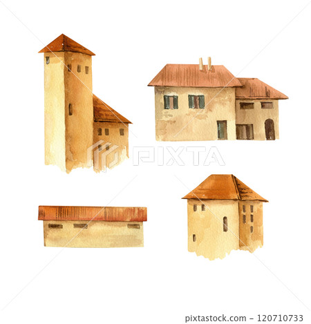 watercolor set of different old cozy Mediterranean farm houses with red tiled roof, hand drawn illustration of European rustic cottages with terracotta roof tiles, part of rural scene 120710733