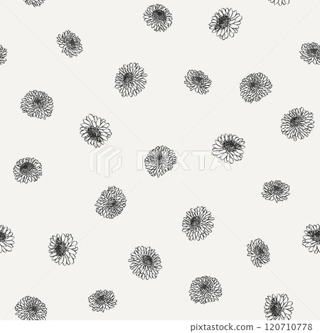 Black and white abstract floral seamless pattern with classic design elements like continuous lines. Outline sketch of chrysanthemum flower suitable for fabric designs 120710778