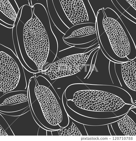 Papaya seamless pattern. Fruit monochrome background. Food black and white print 120710788
