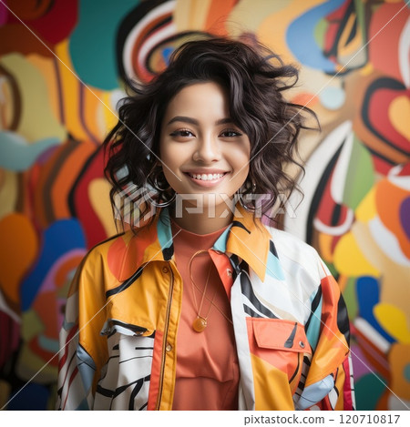 A young woman in a cool, colorful jacket is smiling in front of a vibrant background. Girl in fashion colored clothes. Happiness and optimism concept A young woman in a cool, colorful jacket is smiling in front of a vibrant background. Girl in fashion colored clothes. Happiness and optimism concept 120710817