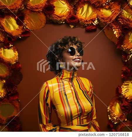 A happy young woman in an orange silk blouse and sunglasses is smiling A happy young woman in an orange silk blouse and sunglasses is smiling 120710818