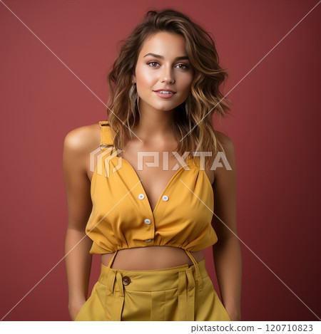 A woman is standing in yellow top and pants, in front of a red background. The model poses expressing confidence and positivity 120710823