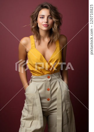 A woman is standing in yellow top and pants, in front of a red background. The model poses expressing confidence and positivity 120710825
