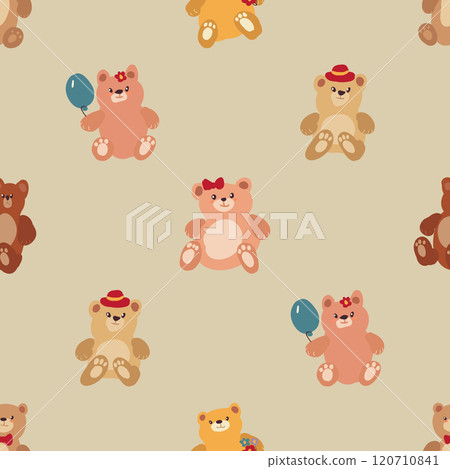 Brown and white teddy bears holding balloons in a seamless pattern Brown and white teddy bears holding balloons in a seamless pattern 120710841