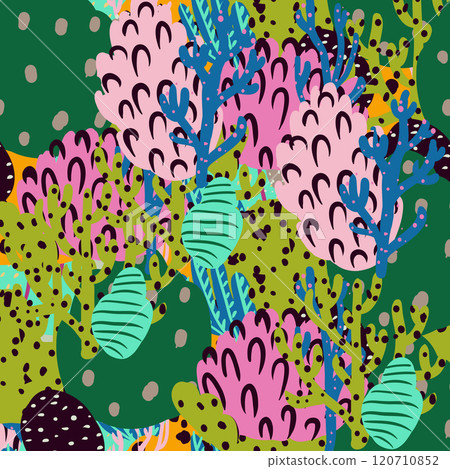 A seamless pattern of flat colorful corals. Vector print A seamless pattern of flat colorful corals. Vector print 120710852