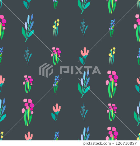 Seamless pattern of colorful flowers and leaves on a dark background. Floral textile print. Vector wildflowers Seamless pattern of colorful flowers and leaves on a dark background. Floral textile print. Vector wildflowers 120710857