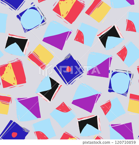 Abstract hand drawn background. Colorful geometric pattern features shapes and shades, forming a vibrant visual composition. Sketchy squares and triangles 120710859