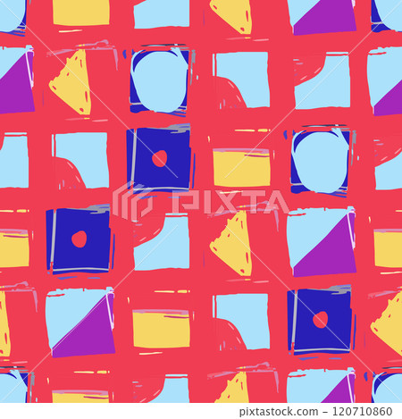 Abstract hand drawn background. Colorful geometric pattern features shapes and shades, forming a vibrant visual composition. Sketchy squares and triangles 120710860