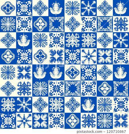 The blue and white seamless pattern displays symmetrical geometric designs. Ceramic tile traditional background The blue and white seamless pattern displays symmetrical geometric designs. Ceramic tile traditional background 120710867