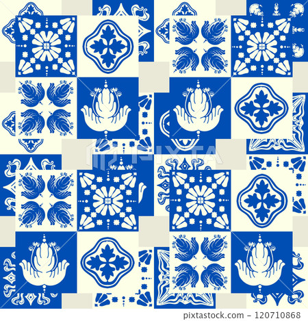 The blue and white seamless pattern displays symmetrical geometric designs. Ceramic tile traditional background The blue and white seamless pattern displays symmetrical geometric designs. Ceramic tile traditional background 120710868