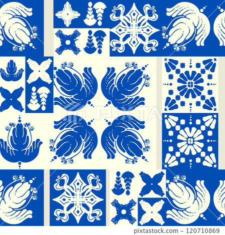 The blue and white seamless pattern displays symmetrical geometric designs. Ceramic tile background The blue and white seamless pattern displays symmetrical geometric designs. Ceramic tile background 120710869