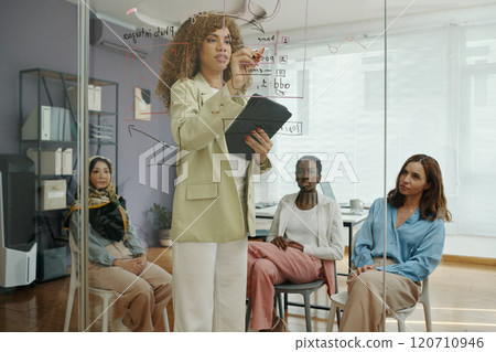 Conducting Team Presentation in Modern Office Space 120710946