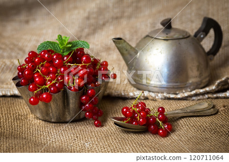 juicy currant berries on burlap near an old teapot juicy currant berries on burlap near an old teapot 120711064