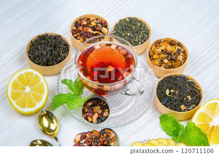 Cup of tea, various kinds of tea, tea on the table 120711106