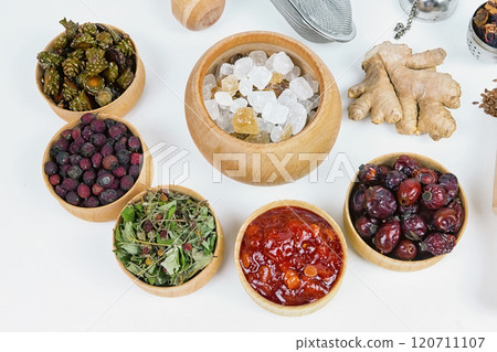 tea for health, ginger tea, flax, grass, strawberries, cones, hawthorn, canina-rose 120711107