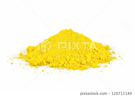 Colorful Yellow Powder Displayed on a White Background for Artistic or Decorative Use Colorful Yellow Powder Displayed on a White Background for Artistic or Decorative Use 120711140